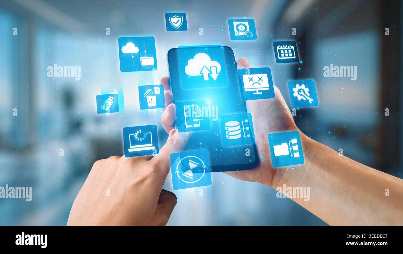 Cloud backup system connects devices through a secure data backup network. Data backup ensures protection, data backup reliability, and recovery. Gist Stock Photo