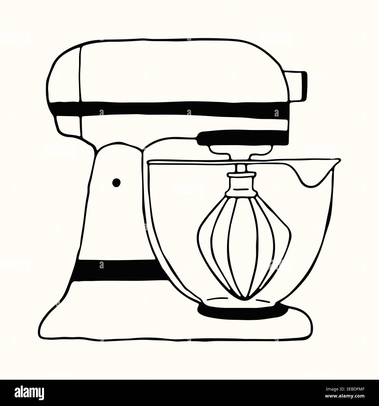 A professional kitchen stand mixer with a whisk attachment is drawn in a minimalist line art style. This hand drawn vector illustration is perfect for Stock Vector