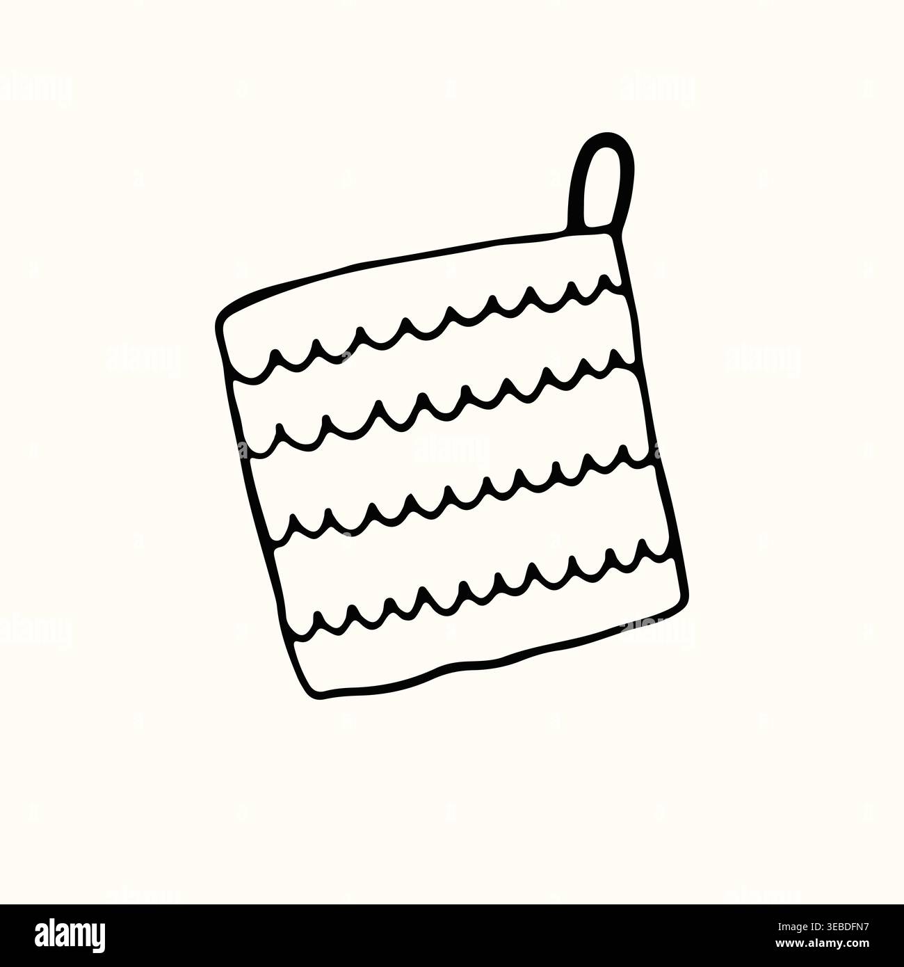 A hand drawn vector illustration of a kitchen potholder with a wave pattern. This cozy minimalist textile accessory is great for home cooking and Stock Vector