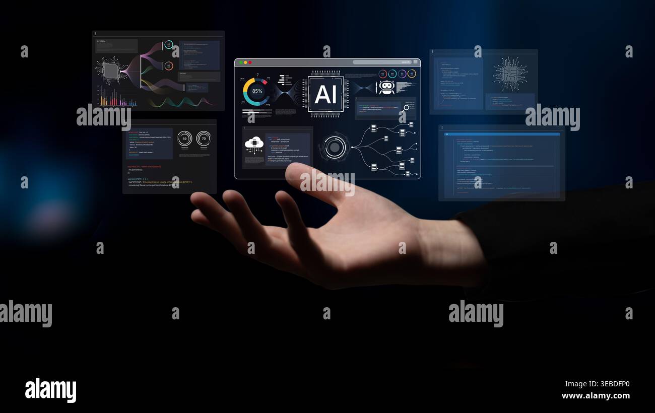 An AI development environment dashboard. This platform provides tools for coding, data science, and visualizing machine learning models, from the Stock Photo