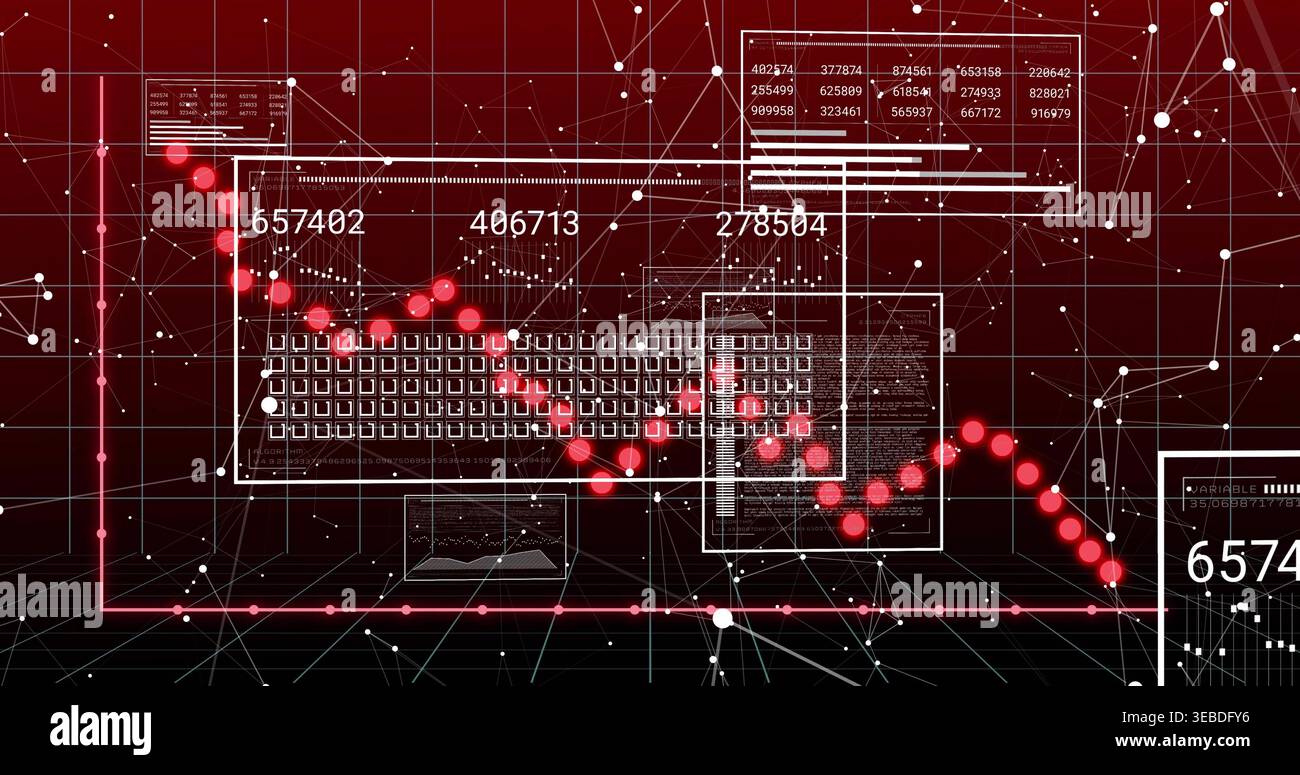 Displaying central data graphic in virtual dashboard, showing keyboard matrix, red markers, network Stock Photo