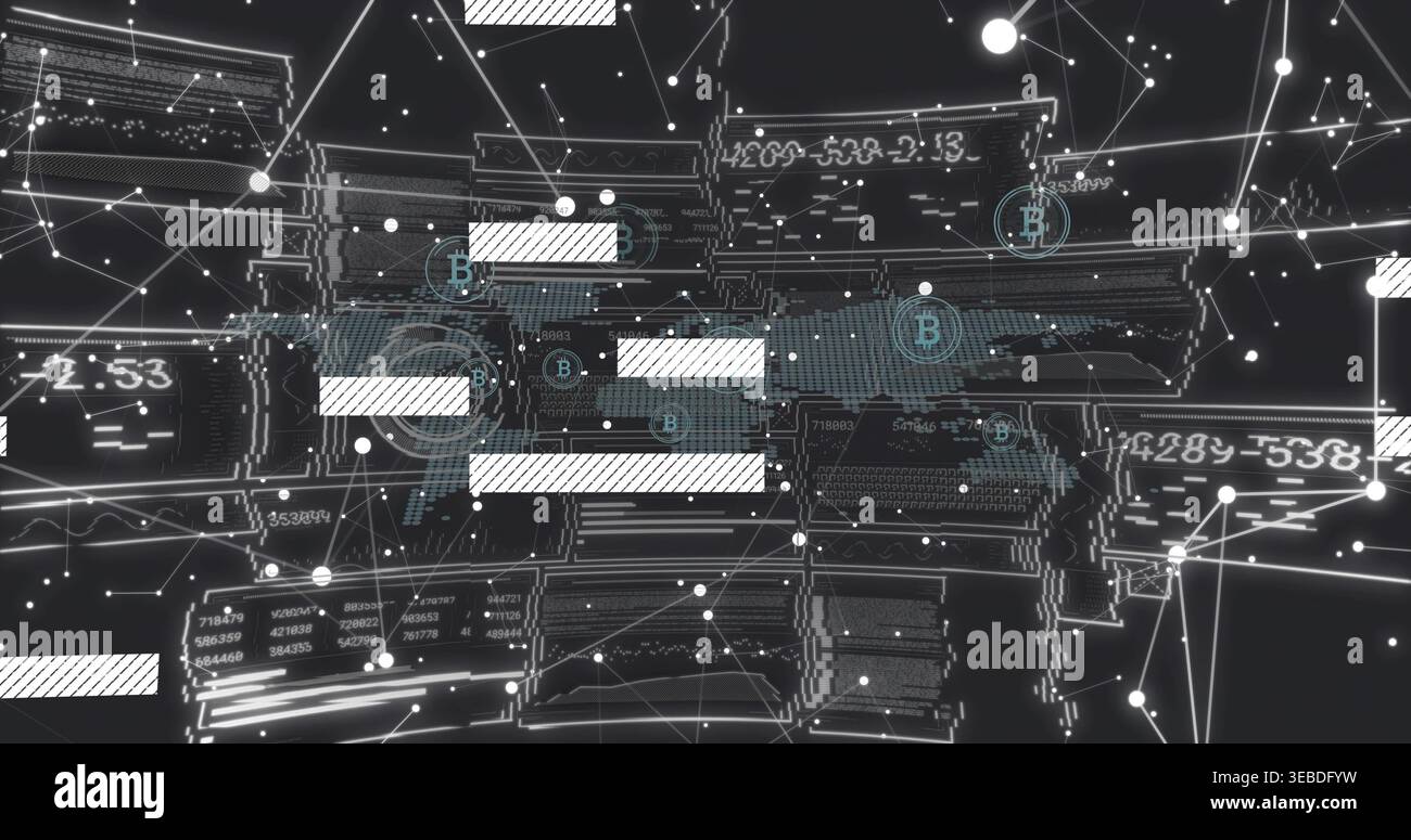 Displaying central node cluster with floating panels, connecting lines and hatched bars in 3D space Stock Photo