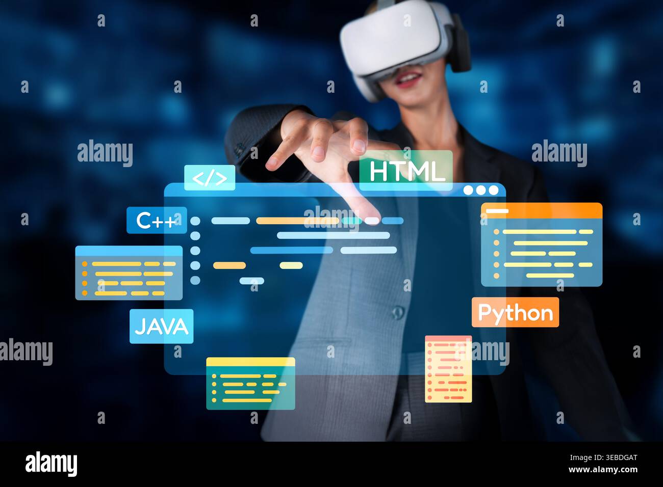A professional software engineer immersed in virtual reality, utilizing various programming languages to create innovative applications and enhance Stock Photo