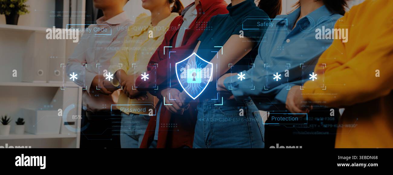A concept of an advanced cybersecurity system. The futuristic interface shows a multi-factor authentication process using a secure password or PIN for Stock Photo