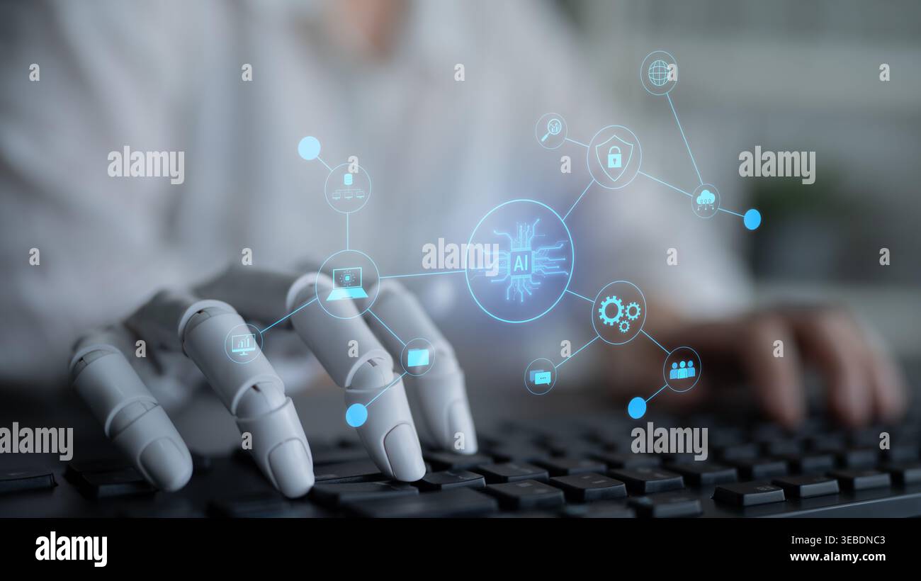 AI powers intelligent networks by linking data, enhancing real-time analytics, securing communication, and improving system efficiency and automation Stock Photo