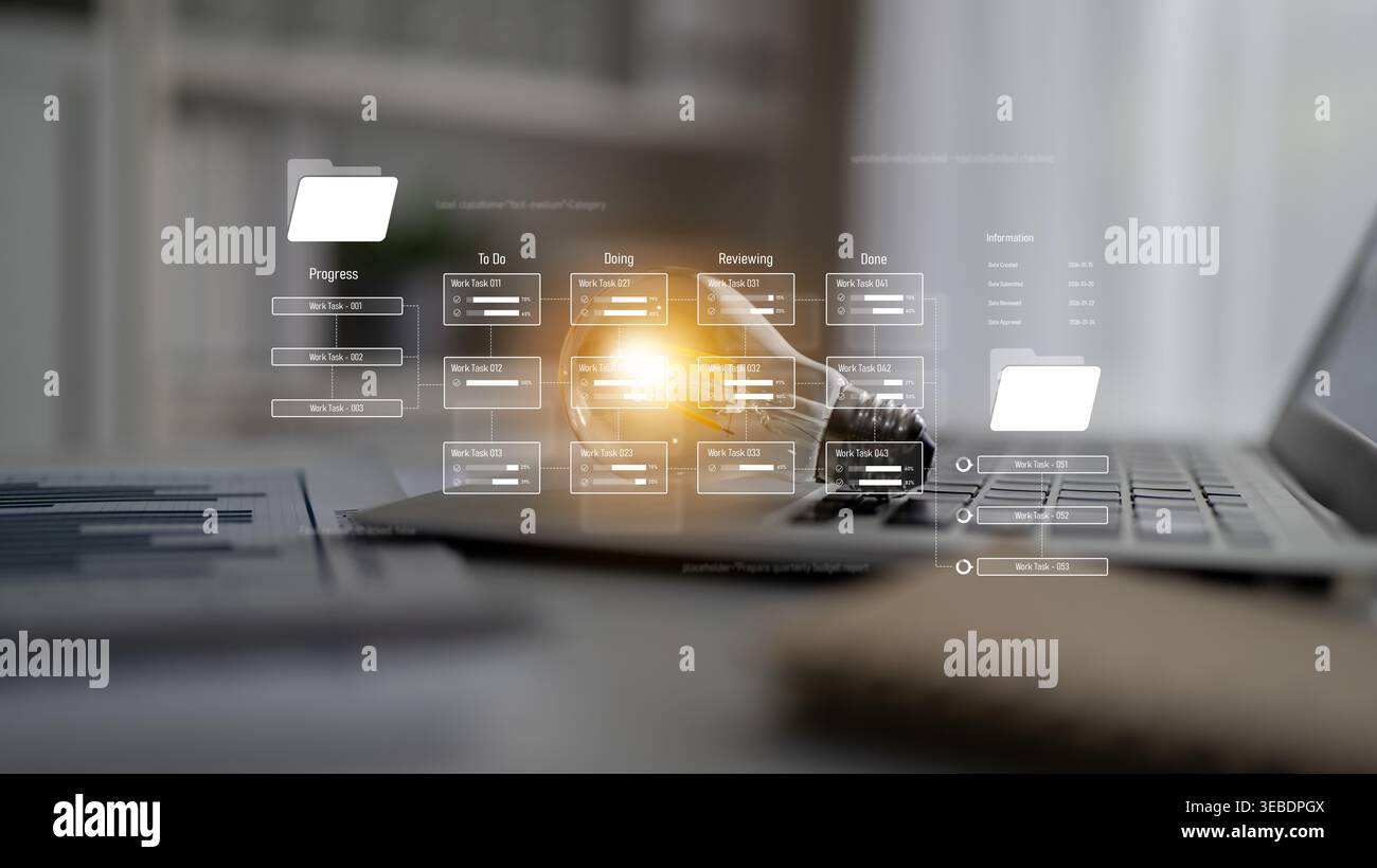 Project management system showing workflow stages, task progress, and review status. Task progress tracks completion, task progress improves workflow Stock Photo
