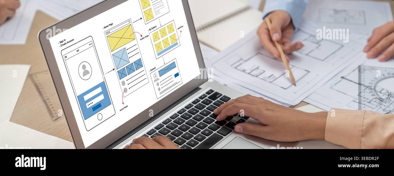 UX UI design process for brisk mobile application and website . Creative prototype of wireframe for professional app developer . Stock Photo