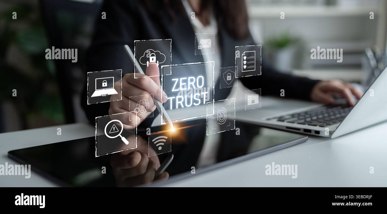 Zero trust model enhances data protection. Zero trust blocks unauthorized access, secures devices, zero trust defends networks, and zero trust Stock Photo