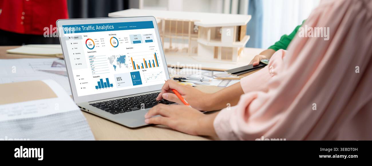 Computer software for website traffic analytics data on computer screen. Concept of SEO search engine optimization and customer targeting for online Stock Photo