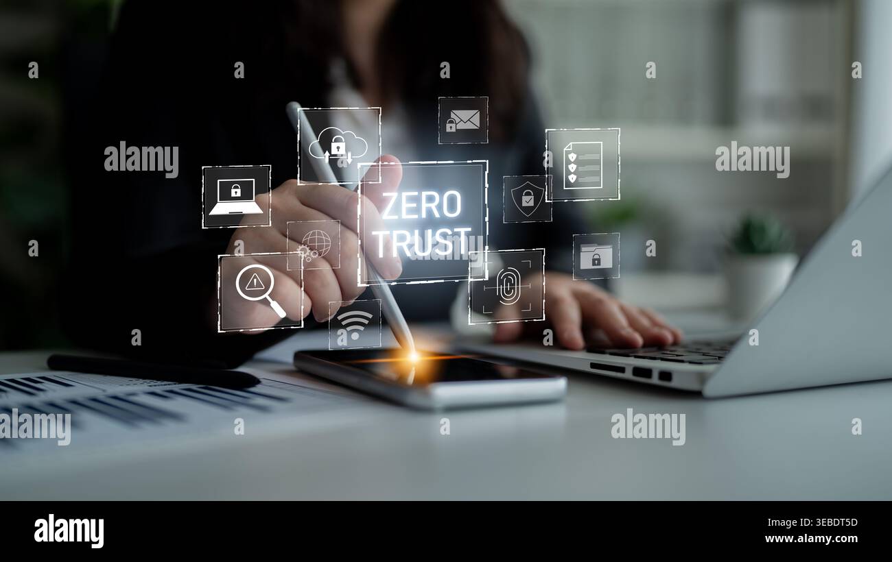 Zero trust model enhances data protection. Zero trust blocks unauthorized access, secures devices, zero trust defends networks, and zero trust Stock Photo