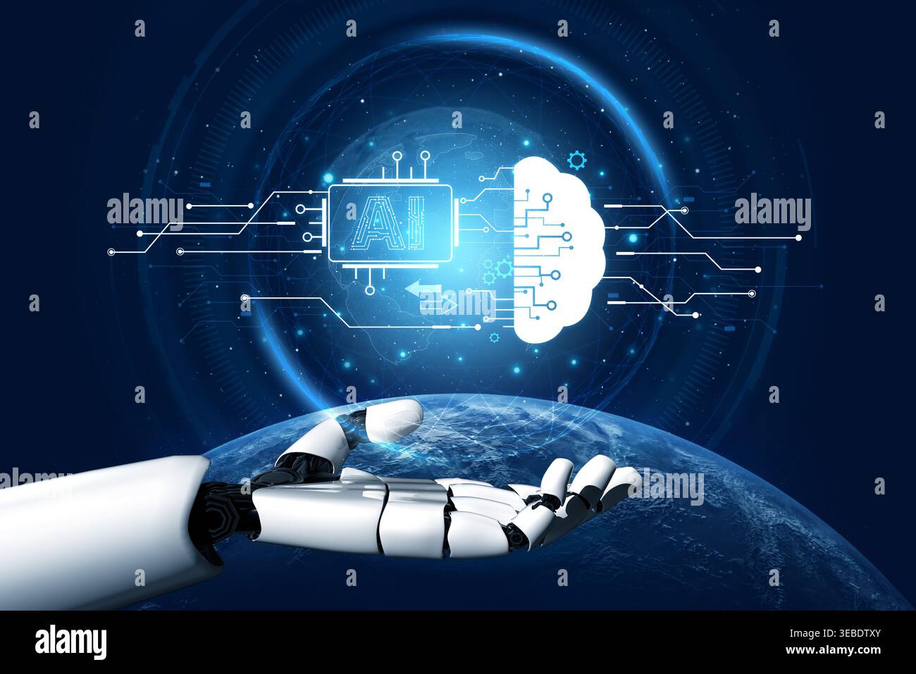 An advanced AI assistant visualizes its machine learning process. This generative technology shows its core processor connecting to a cloud brain and Stock Photo