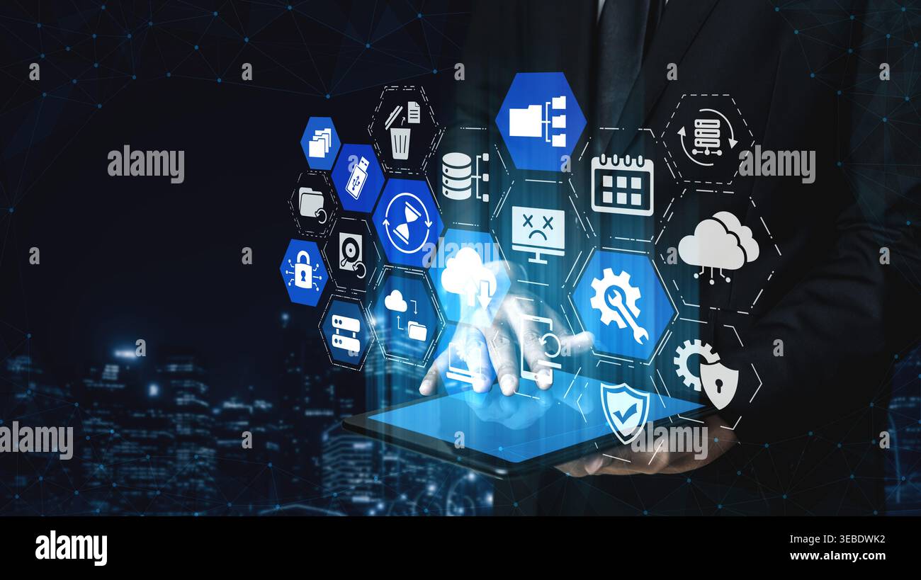 Cloud backup system connects devices through a secure data backup network. Data backup ensures protection, data backup reliability, and recovery Stock Photo