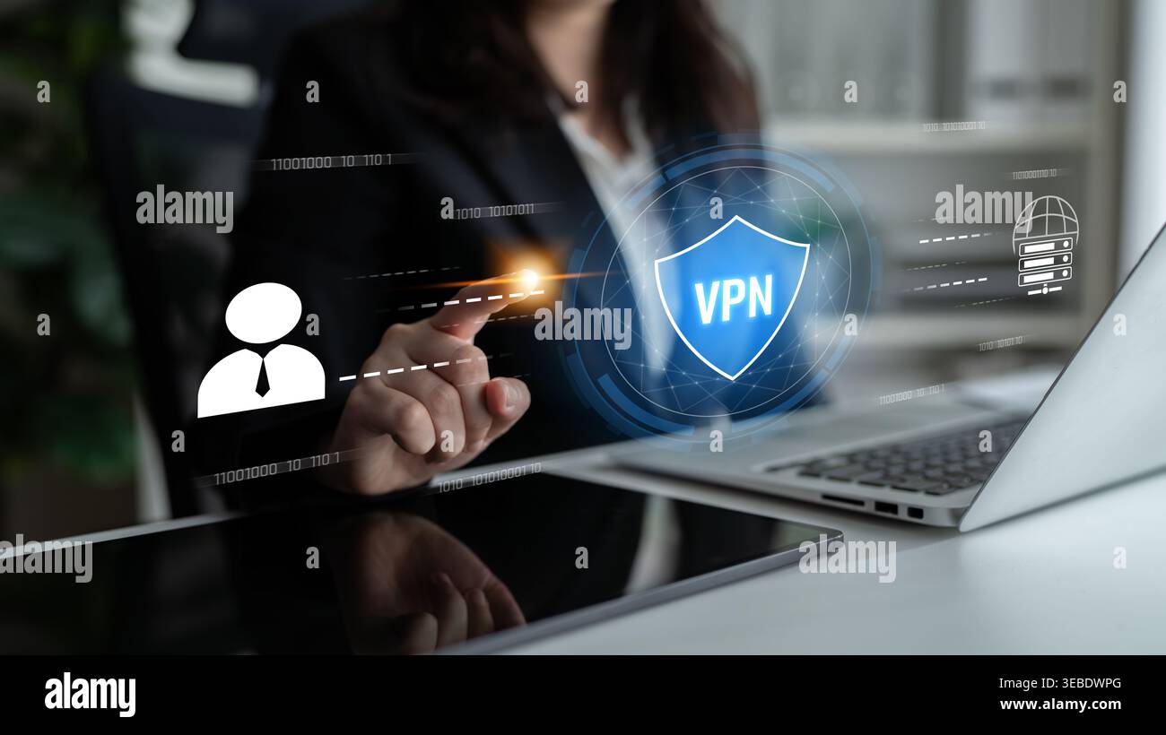 VPN security protects network access. VPN security encrypts data, hides identity, VPN security defends traffic, and VPN security secures connection Stock Photo