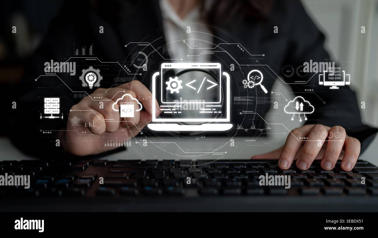 Modern web development concept featuring coding symbols, web development process, web development interface, and web development tools with futuristic Stock Photo