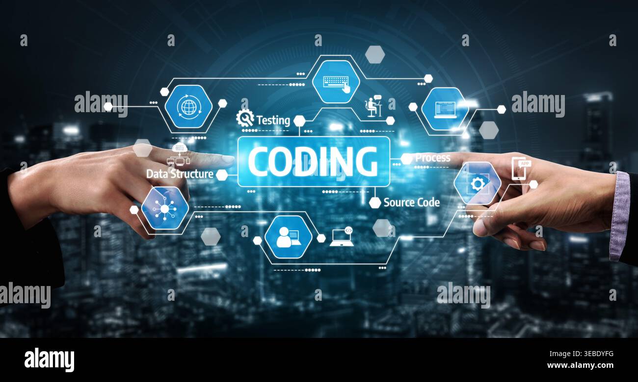 Two hands reaching towards a glowing interface showcasing coding elements like data structure and testing in a high-tech cityscape, symbolizing Stock Photo