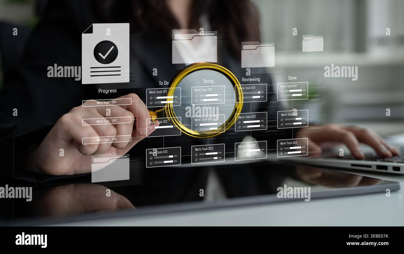 Task management workflow dashboard visualizing to-do lists, ongoing tasks, review status, and completed items to support productivity and project Stock Photo