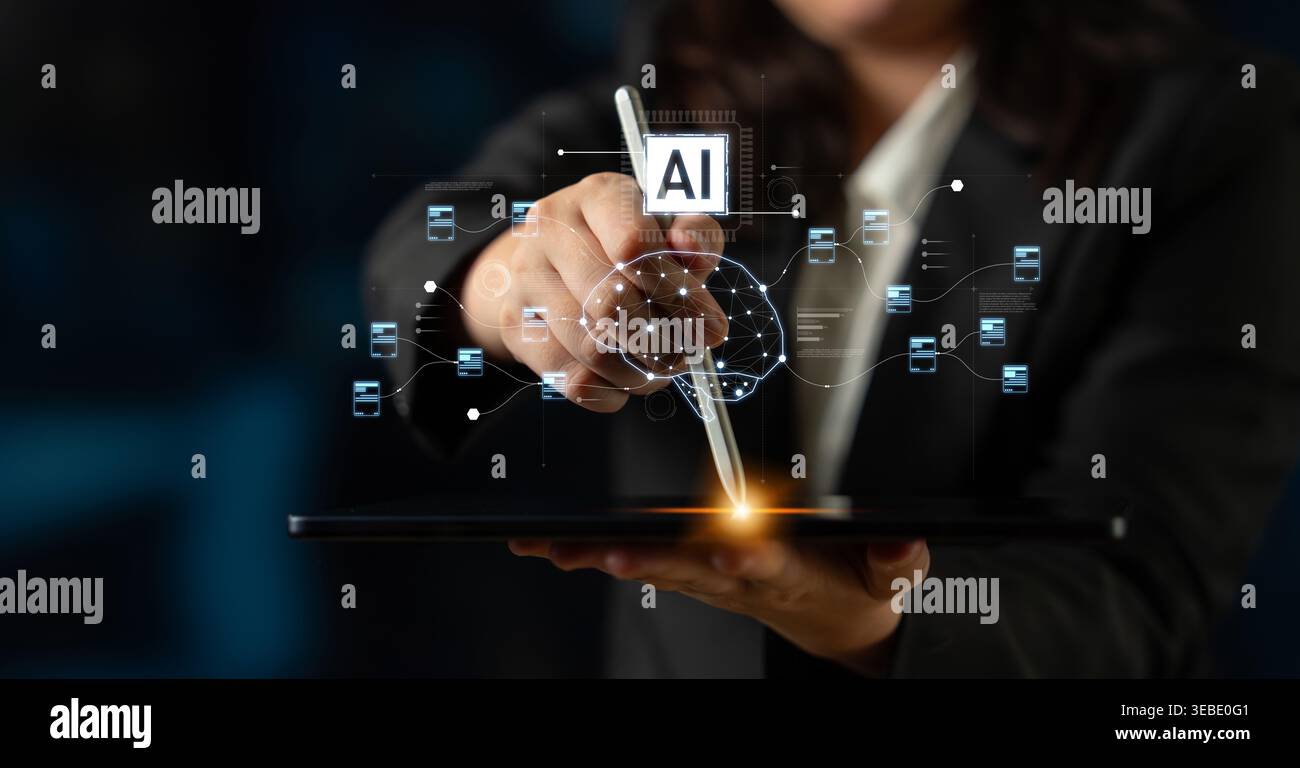 AI neural network and data processing system visualizing artificial intelligence with brain structure, chip, and connected data blocks for computation Stock Photo