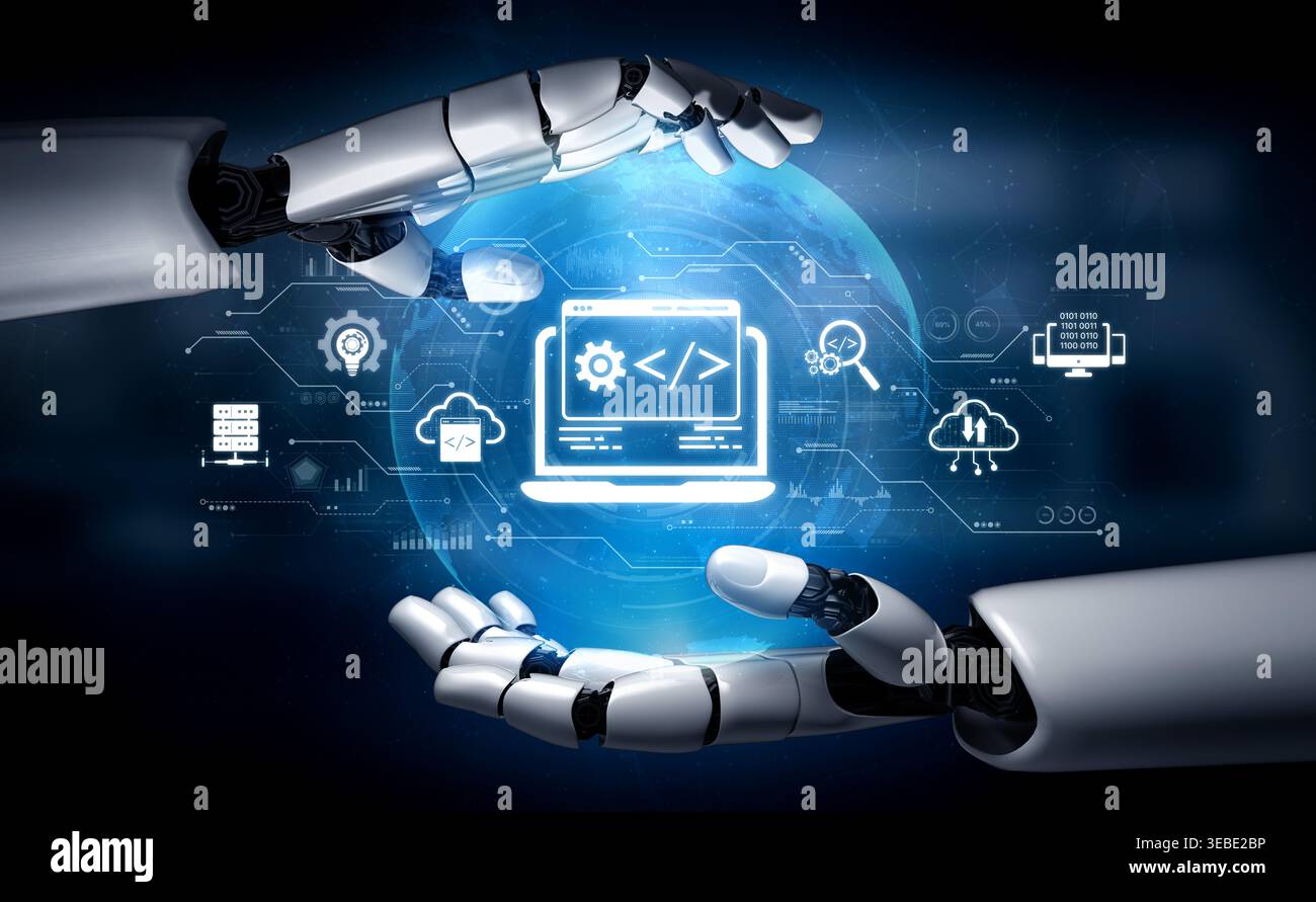 AI streamlines web development with smart coding tools, interface automation, and futuristic design systems for building efficient online platforms Stock Photo