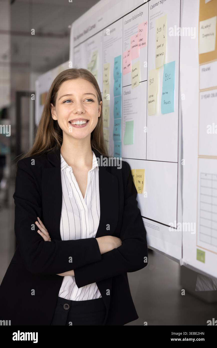 Smiling businesswoman in formal attire posing alone at workplace Stock Photo
