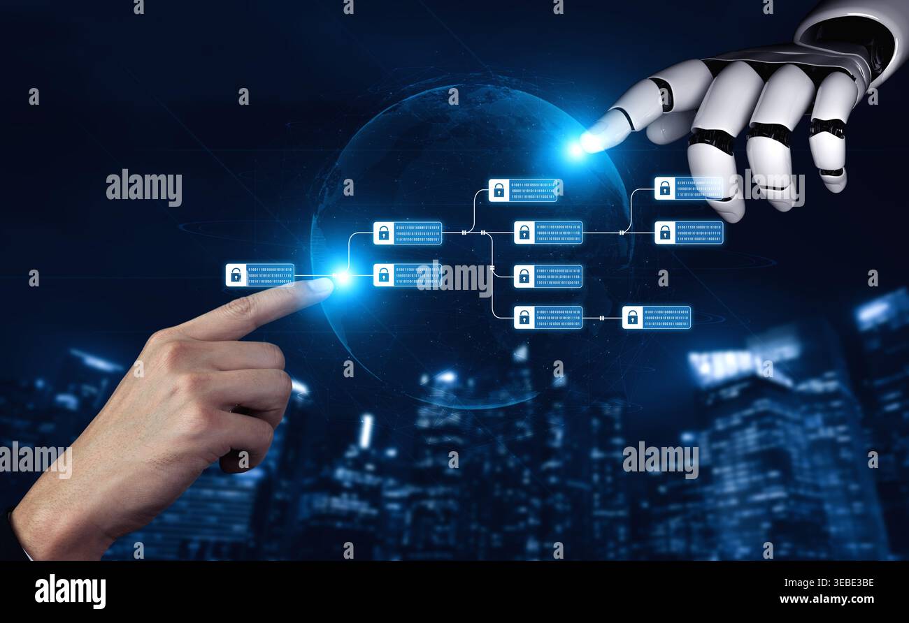 AI enhances blockchain systems by securing encrypted data chains, verifying transactions, and optimizing decentralized network integrity and smart Stock Photo