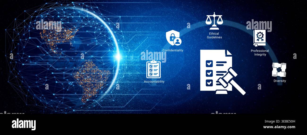 This image illustrates global ethical standards with icons depicting ...
