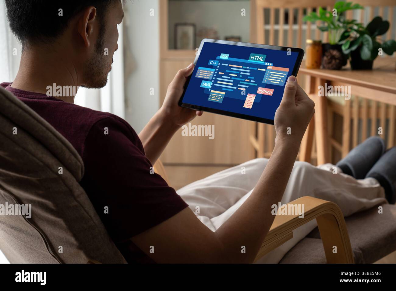 Software development or programming work with coding screen of various programming languages like HTML, , , and C brisk for new application Stock Photo