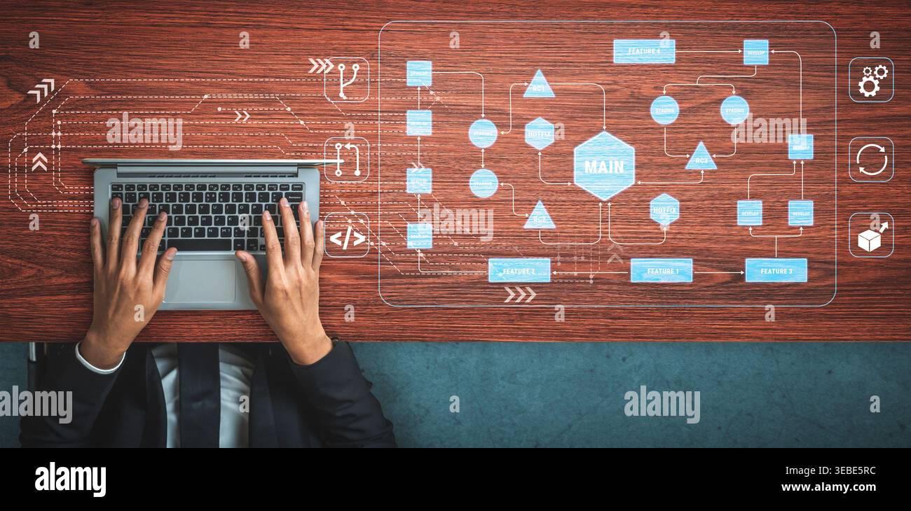 Professional hands typing on laptop keyboard with digital flowchart and abstract icons on wooden desk in modern workspace environment Quark. Stock Photo