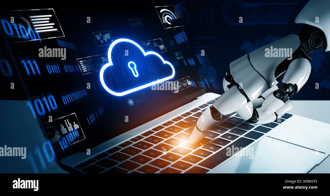 AI artificial intelligence optimizes cloud infrastructure with virtual assistants and intelligent automation, improving scalability, security, and Stock Photo