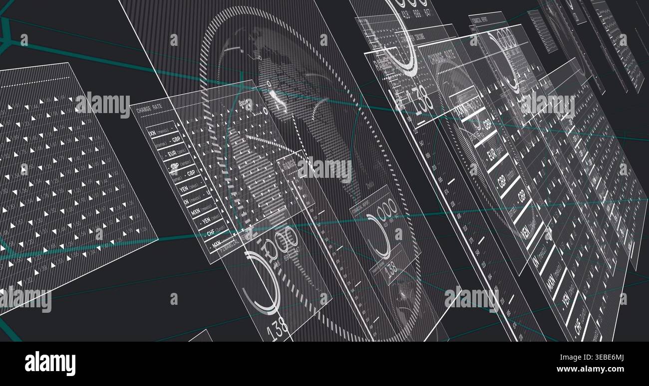 Floating translucent HUD panels showing gauges, readouts, tables, dotted globe in virtual interface Stock Photo
