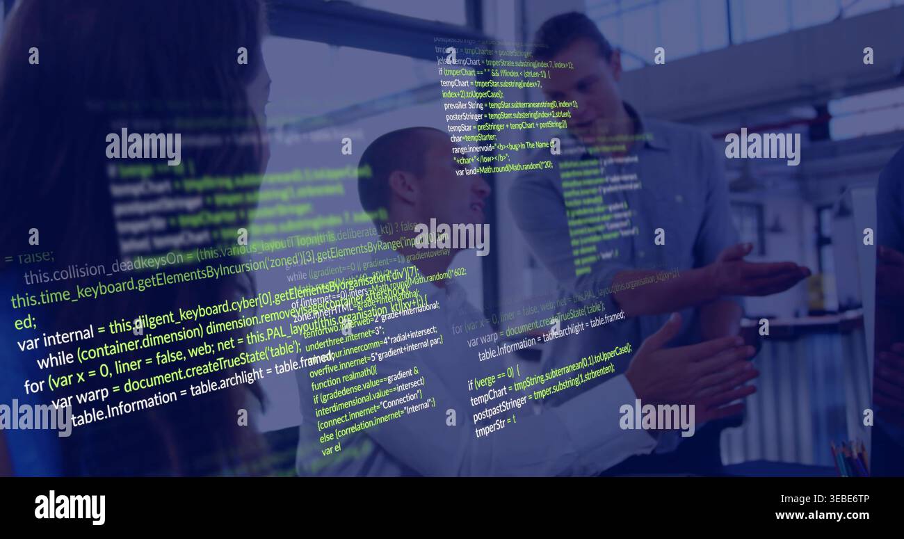 Discussing code, three colleagues in casual shirts gesturing, clapping in office with code on glass Stock Photo