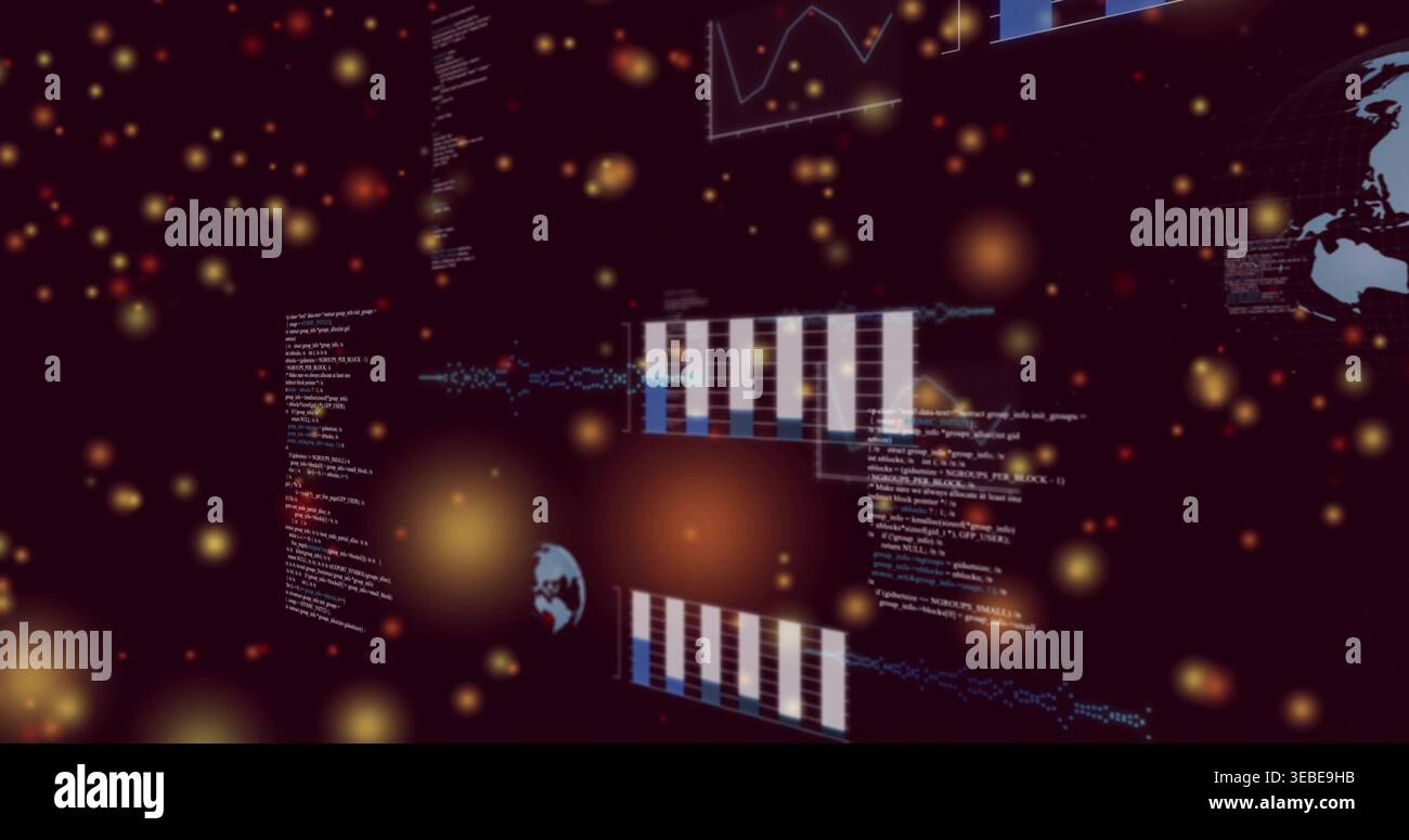 Displaying bar chart panel in 3D dashboard, showing line-graph, code, globes, golden bokeh Stock Photo