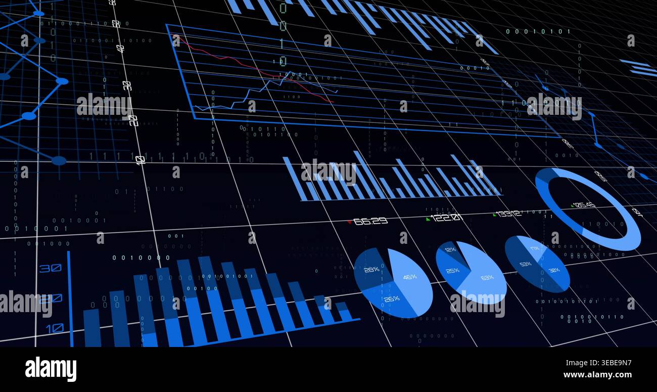 Displaying digital data dashboard on tilted 3D grid, showing bars, pies, lines, binary overlays Stock Photo