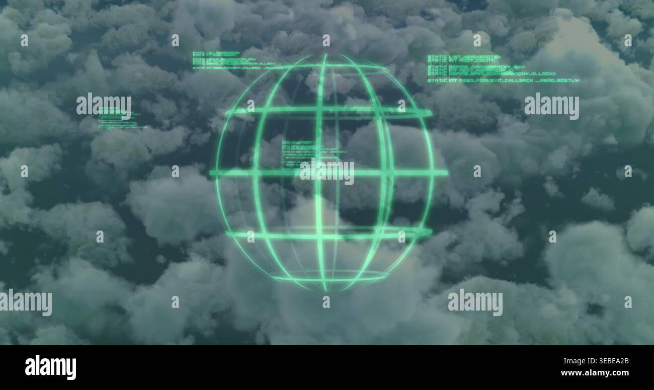 Hovering holographic wireframe globe displaying grid rings above cumulus cloud deck, with HUD data Stock Photo