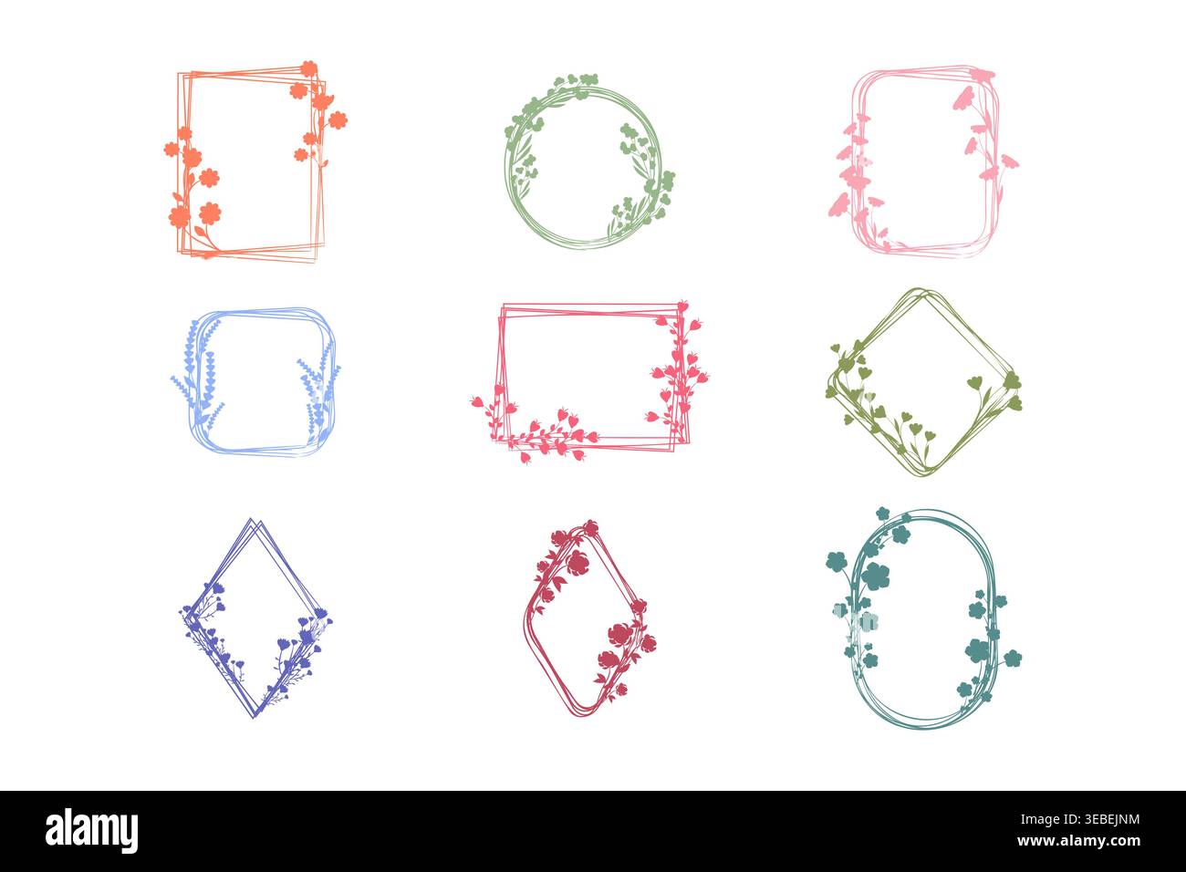Nine distinct hand drawn floral frames presented on a clean white background. Stock Vector