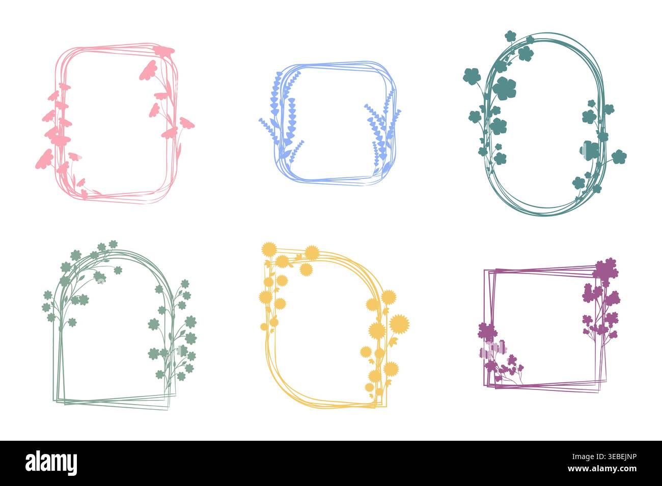 This collection features six individual floral frames presented on a clean white background. Stock Vector