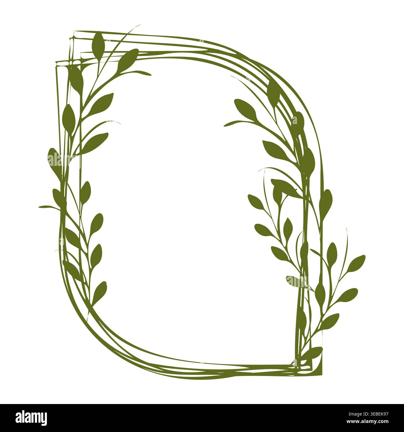 A decorative frame features intertwined green leafy branches and slender vines. Stock Vector