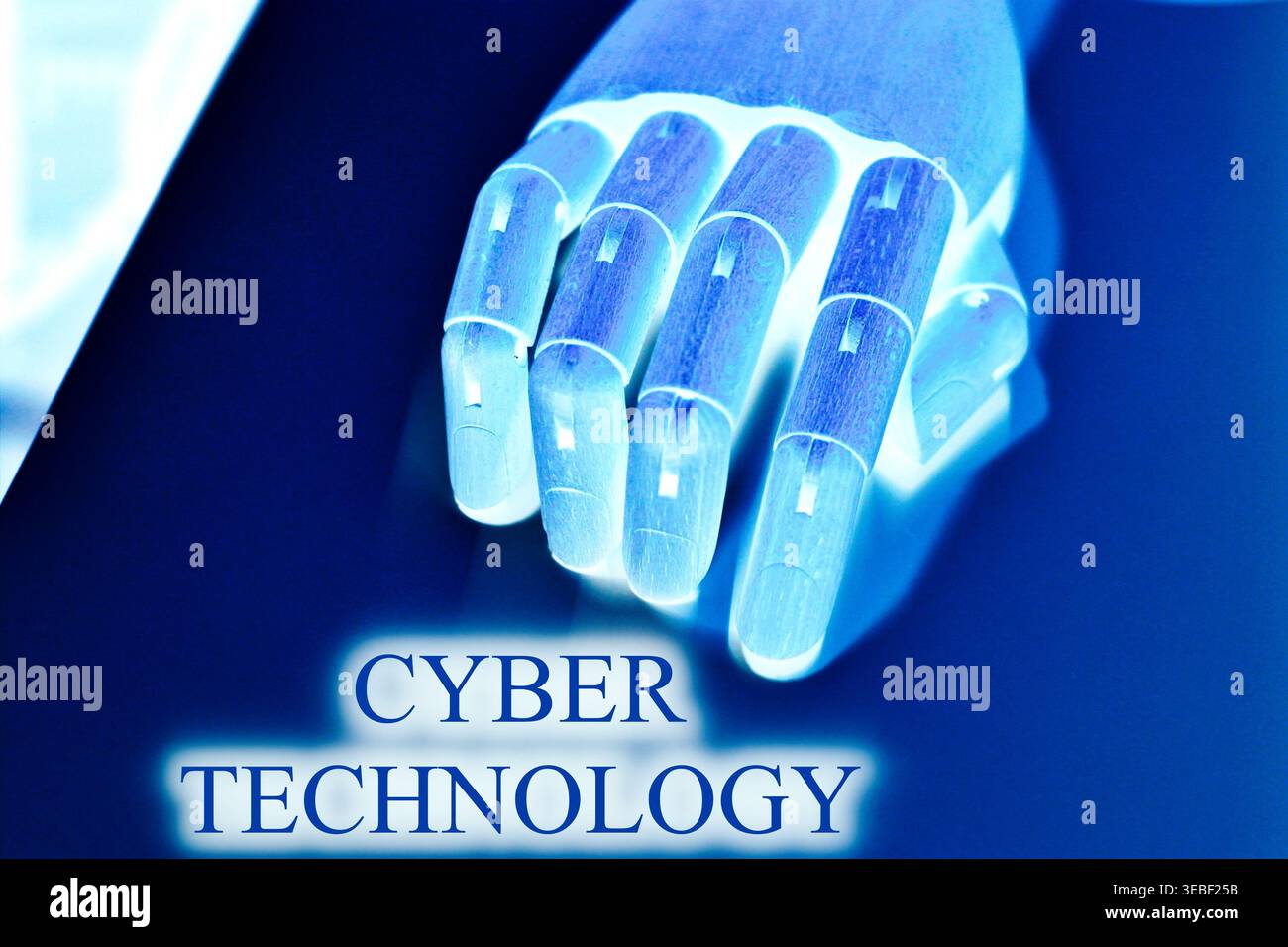 Close-up of a robotic hand with the text "Cyber Technology", representing advanced digital systems, cybersecurity, and futuristic innovation. Concept Stock Photo