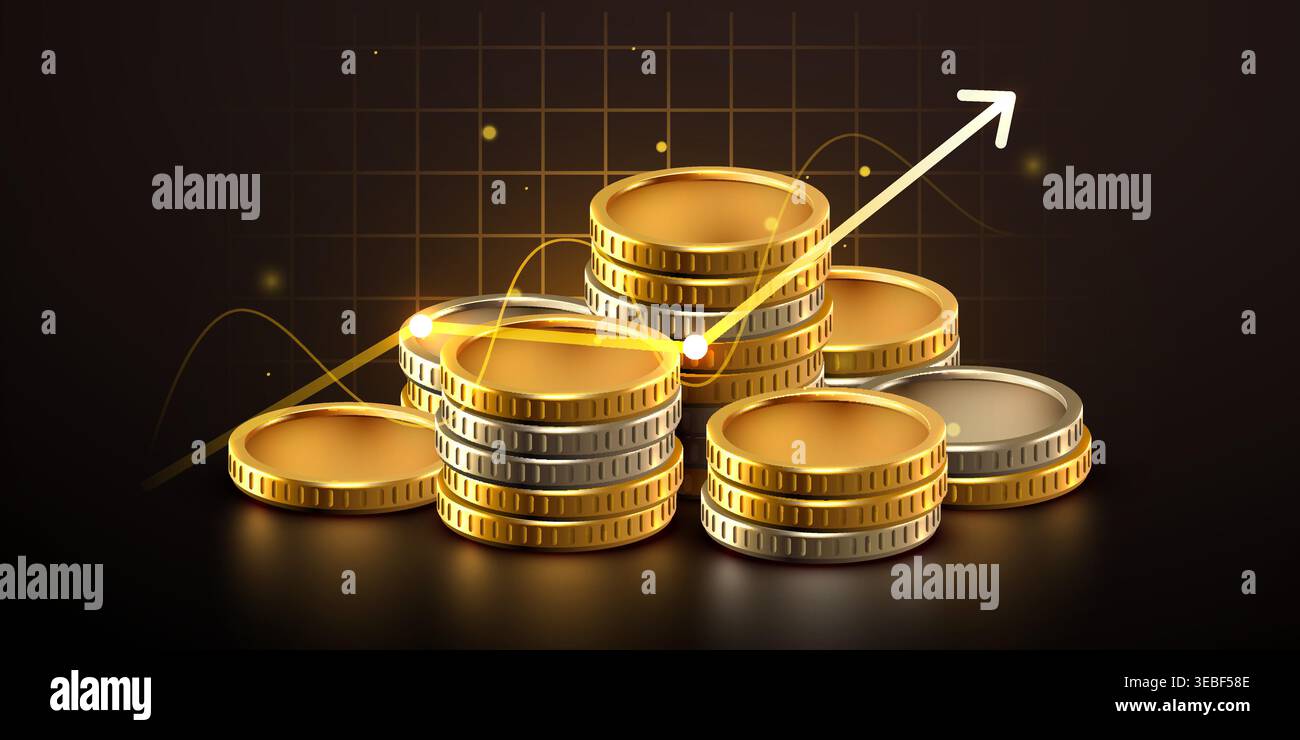 Golden coin stacks with rising growth chart arrow showing financial success and profit. Vector illustration Stock Vector