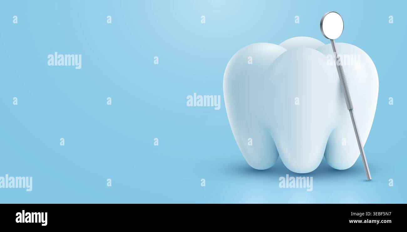 Dental care concept with a large white tooth and dentist mirror. Professional oral hygiene. Vector illustration Stock Vector