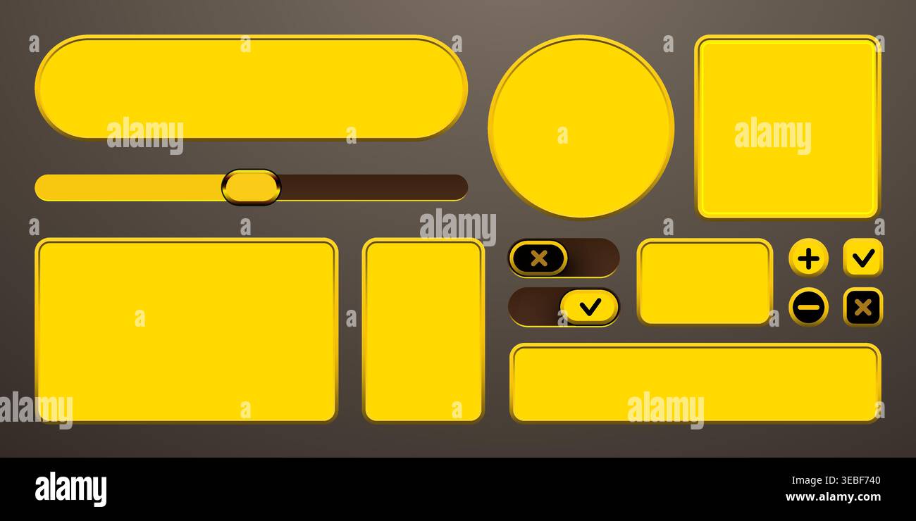 Set of golden UI button frames and interface elements for game or web app design. Vector illustration Stock Vector