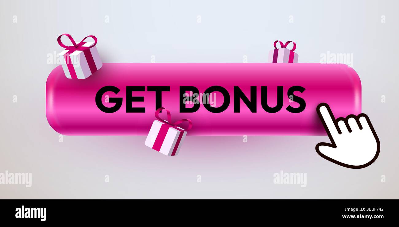 Pink Get Bonus button with gift boxes and cursor for website interface design. Vector illustration Stock Vector