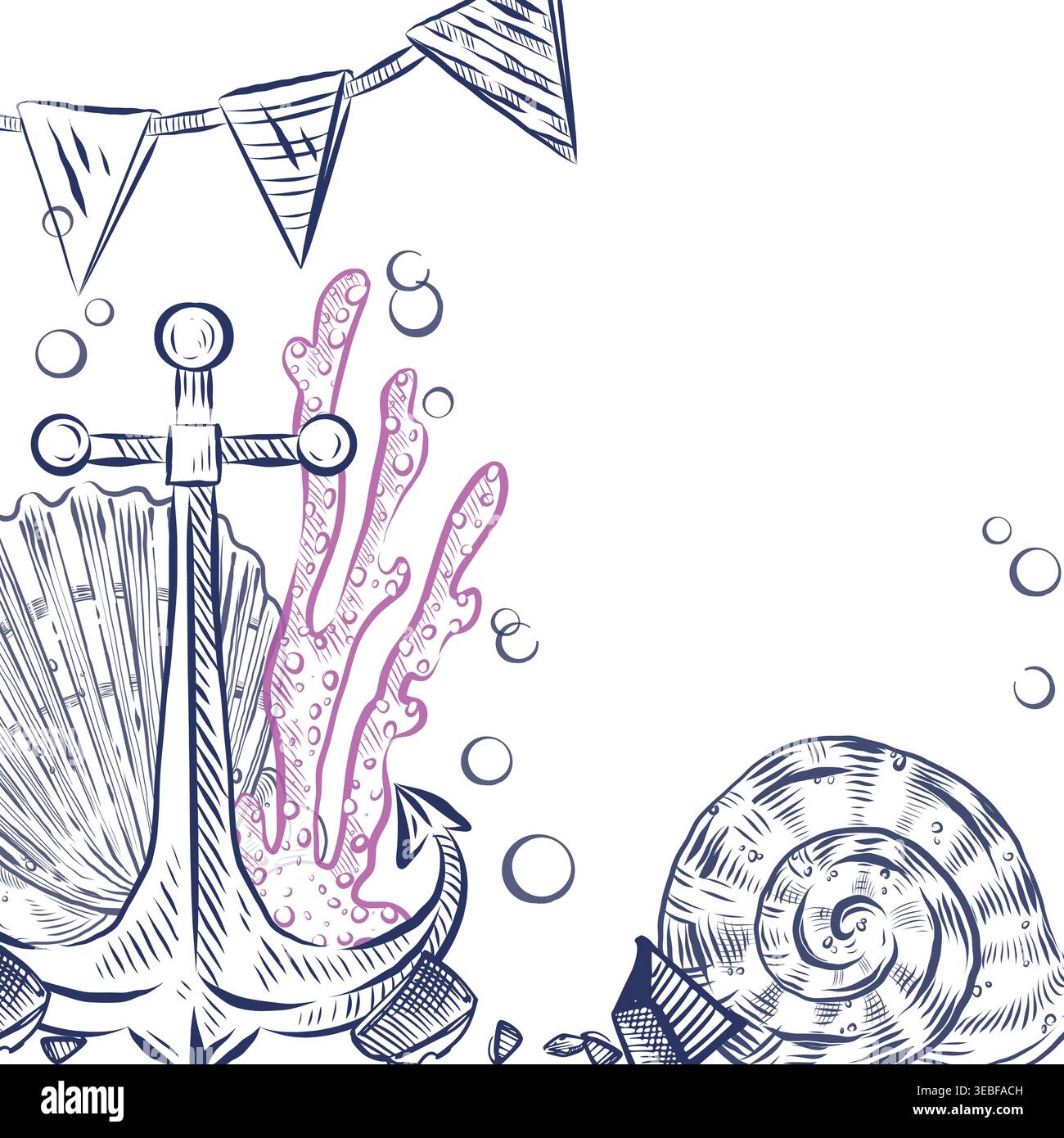 A nautical-themed vector frame with an anchor, shell, coral, and flags. Hand-drawn in ink, perfect for invitation designs or backgrounds, or for Stock Vector