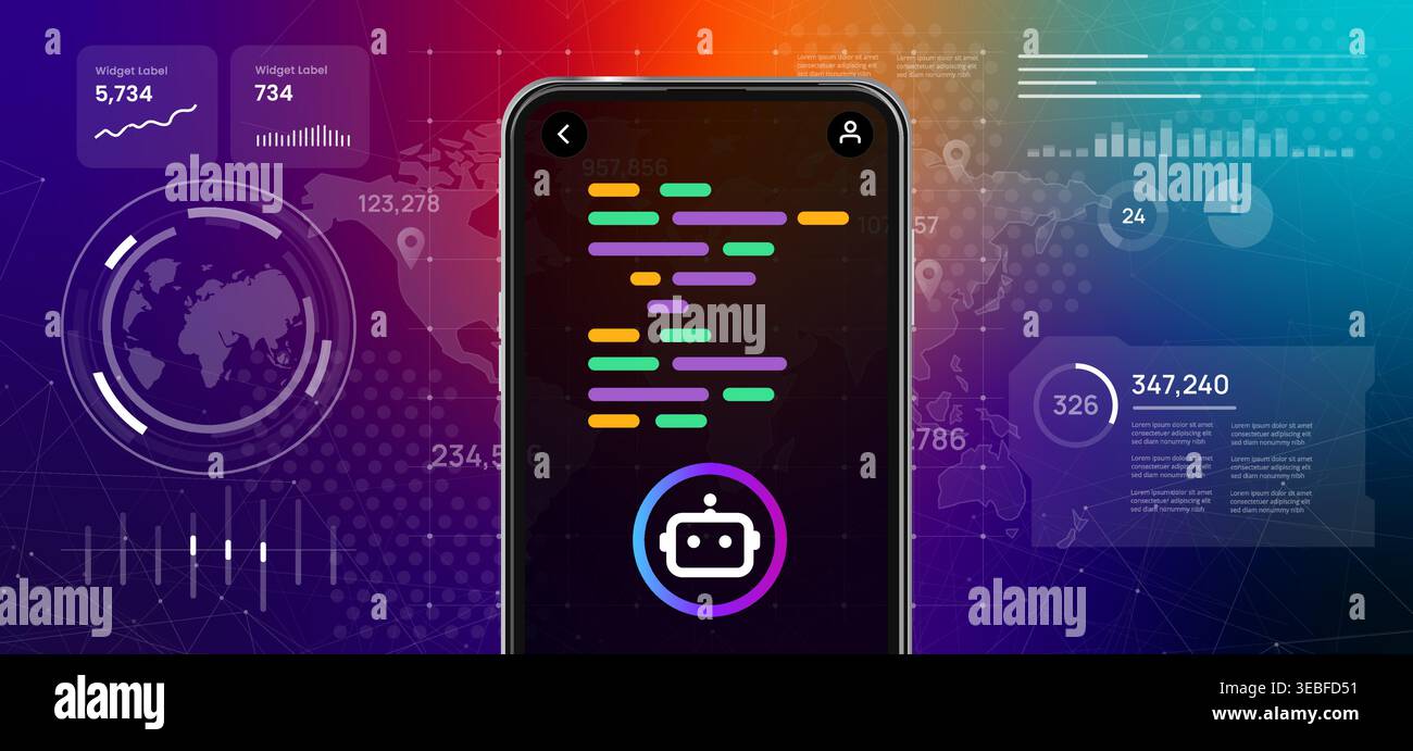 Mobile application for artificial intelligence programming automated code generation robot icon and coding script lines on smartphone screen with data Stock Vector