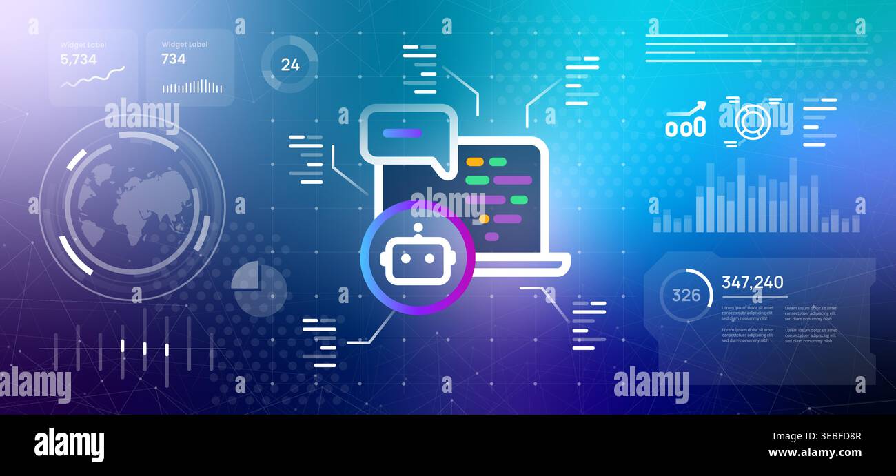 Artificial intelligence software development and automated programming concept with robot icon on laptop screen showing colorful code lines and chat Stock Vector