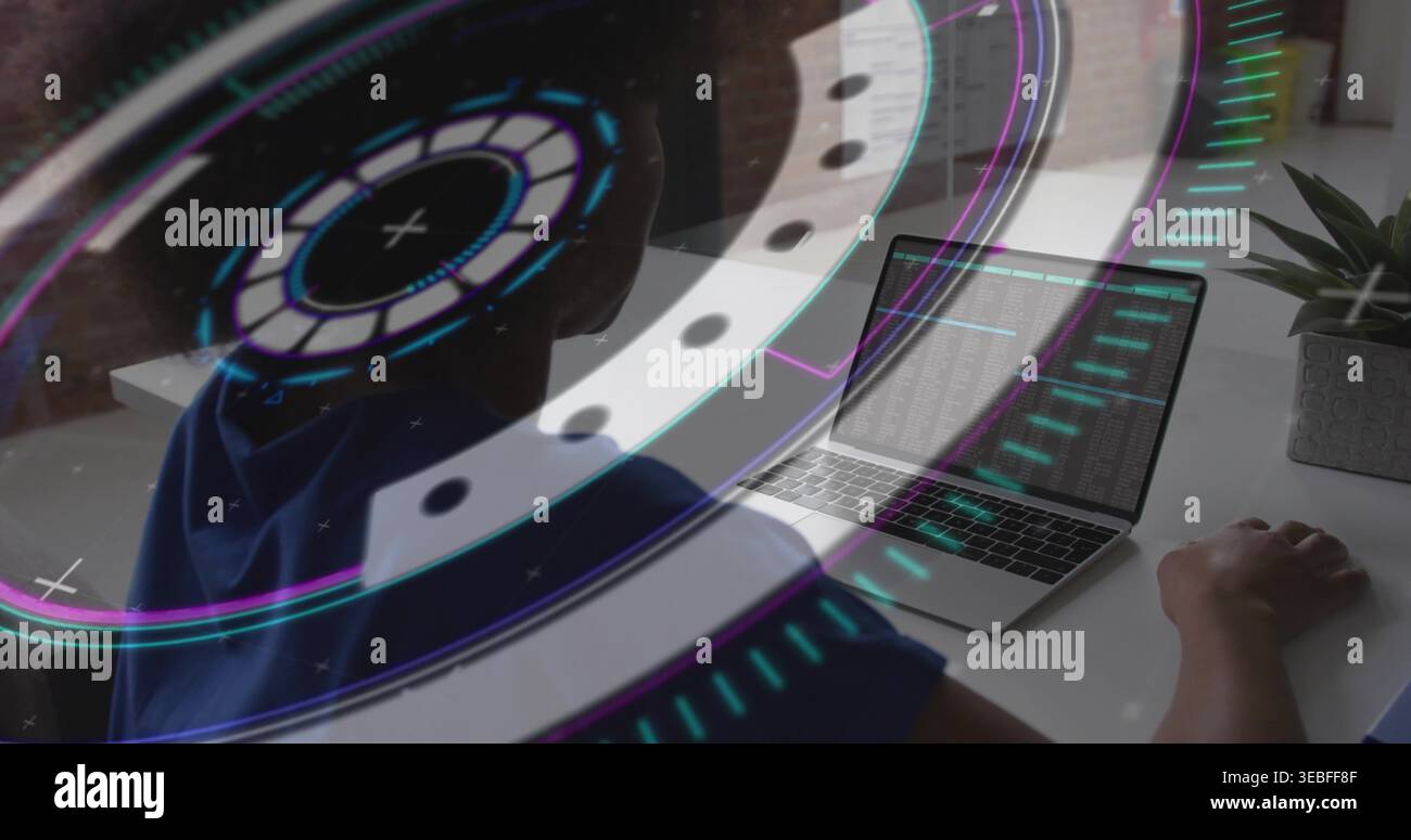 Typing coder in blue top at white desk, coding on laptop, holographic UI, succulent, copy space Stock Photo