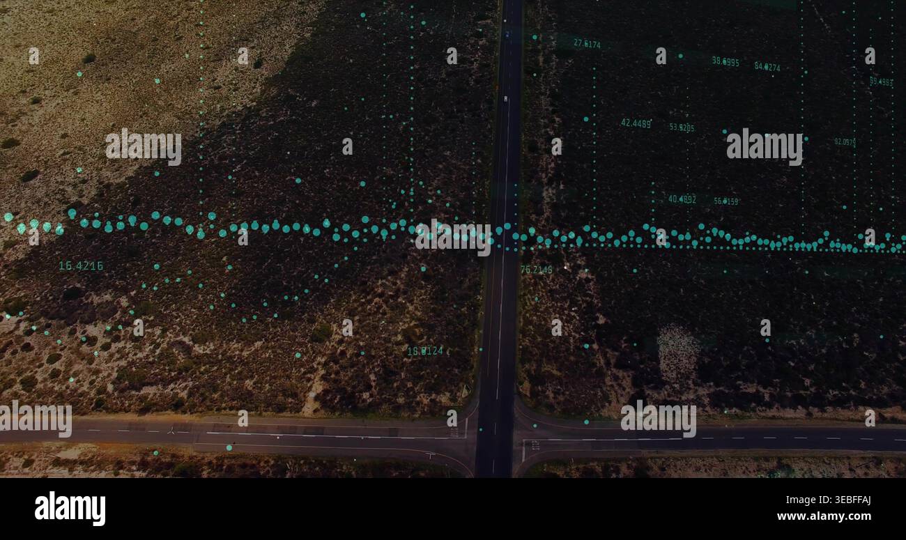 Showing central road intersection crossing arid landscape, showing teal ...
