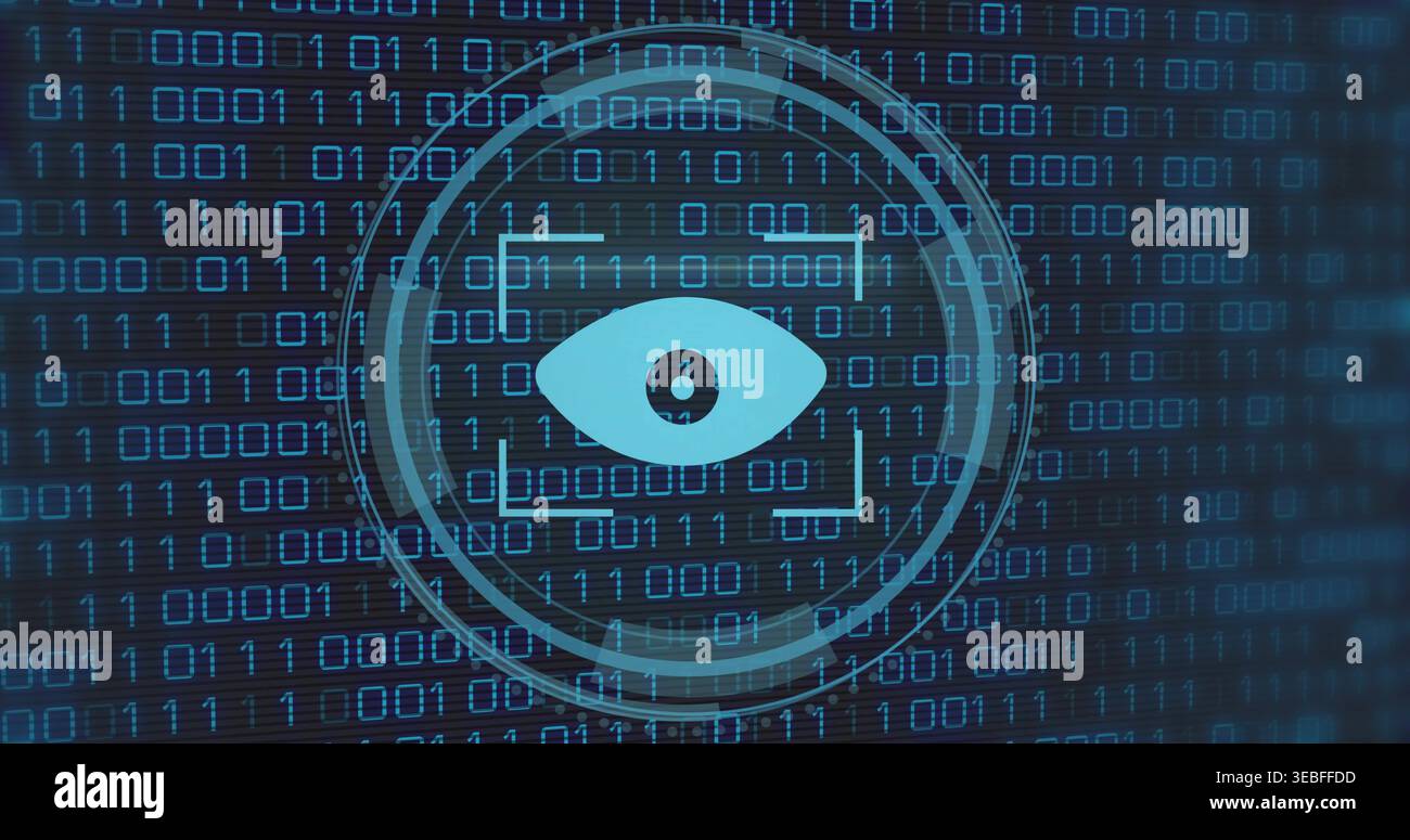 Displaying cyan eye within target frame, floating over navy binary code with concentric HUD rings Stock Photo