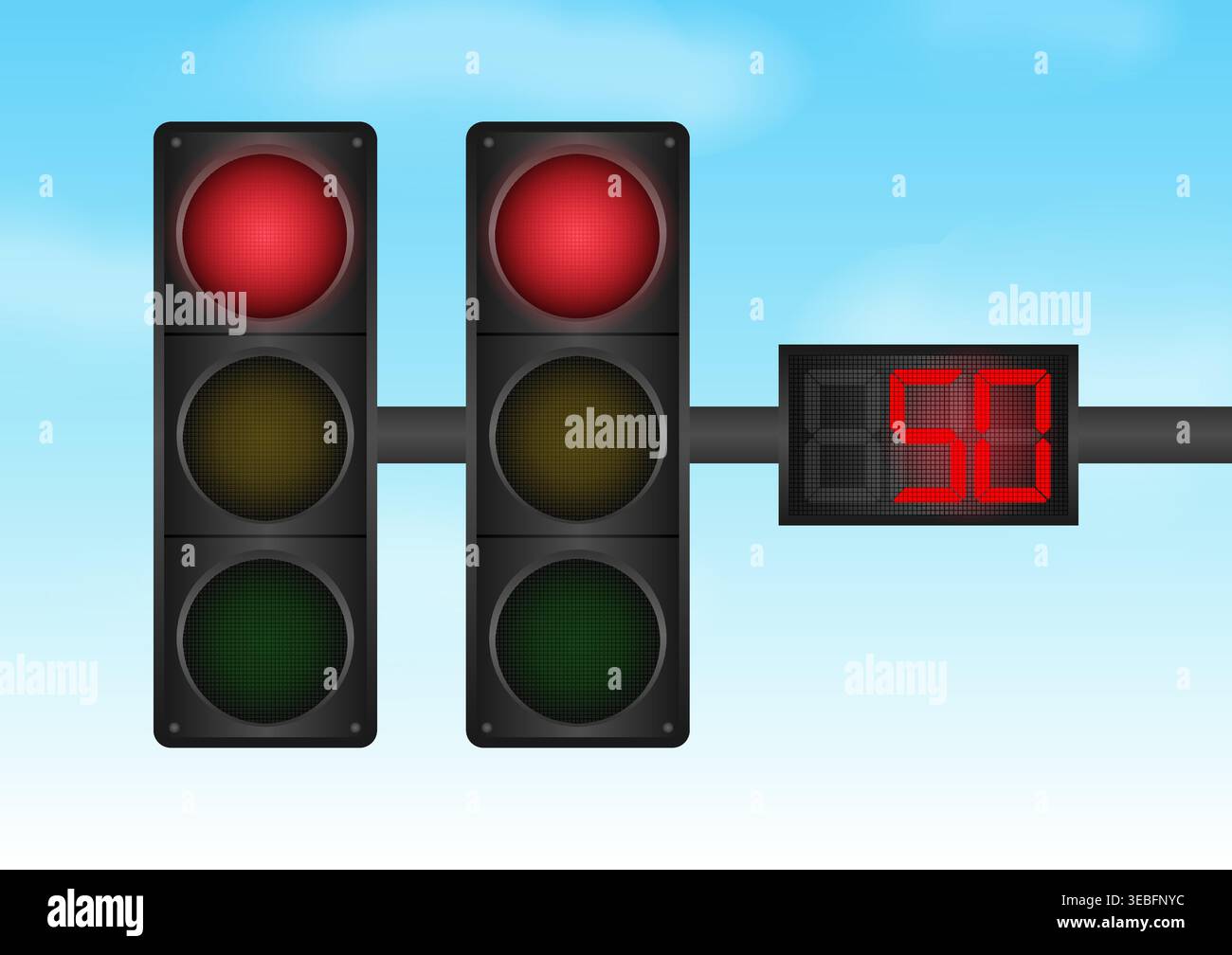Traffic light with Red Light and Countdown Timer against Blue Sky. Vector Illustration. Stock Vector
