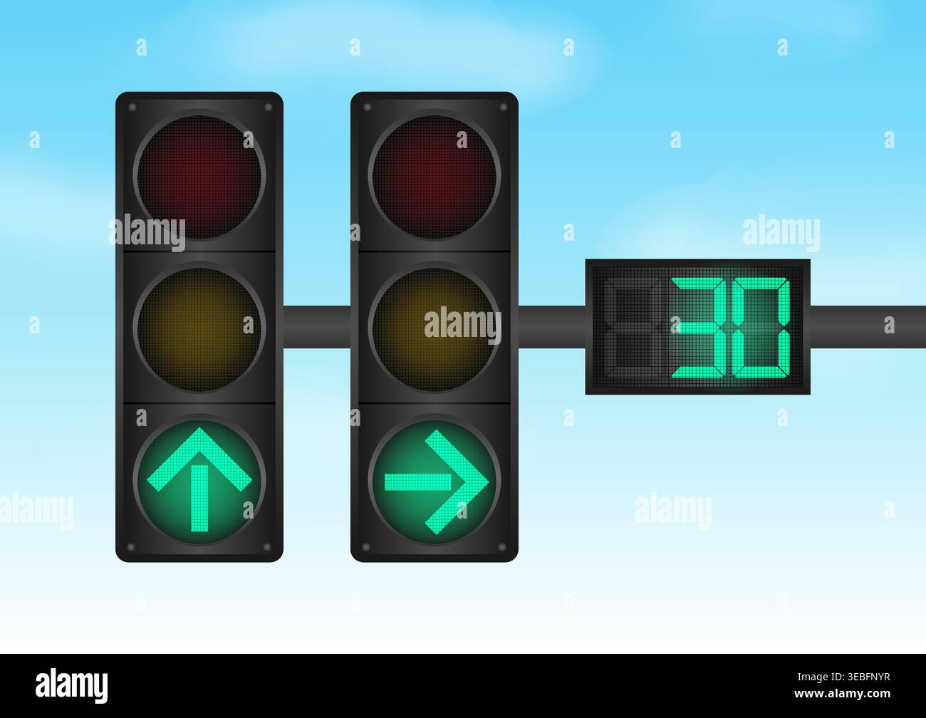 Traffic light with Green Light and Countdown Timer against Blue Sky. Vector Illustration. Stock Vector