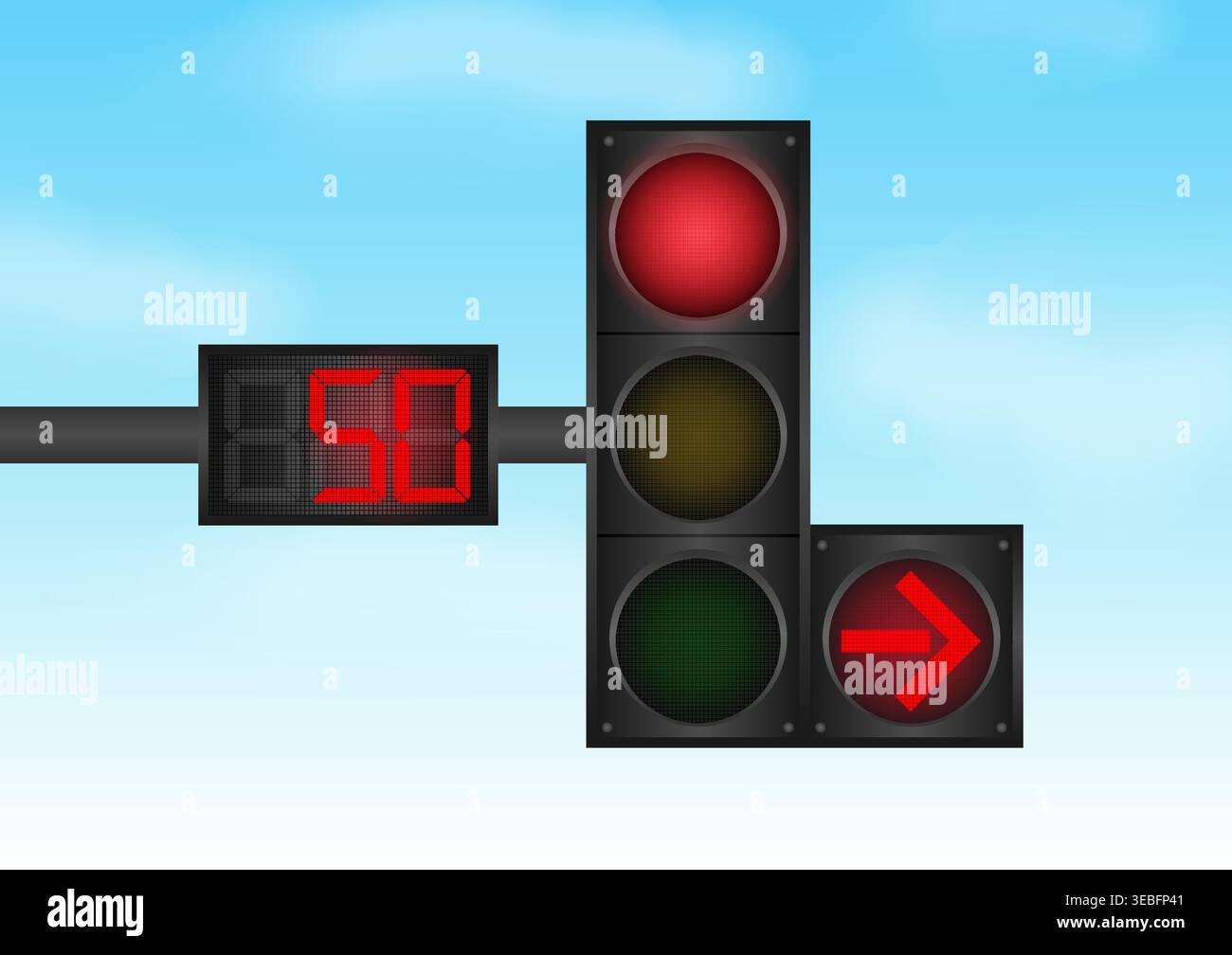 Traffic light with Red Light and Countdown Timer against Blue Sky. Vector Illustration. Stock Vector